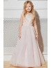 Blush Pink Lace Tulle Keyhole Corset Back Long Flower Girl Dress